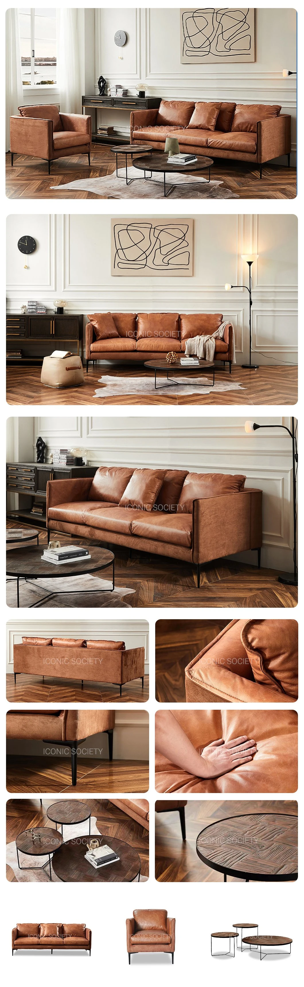 Modern Living Room Furniture Wooden Frame Iron Legs Hotel Home Office Leisure Couch Sets Velvet Fabric Genuine Leather Sofa