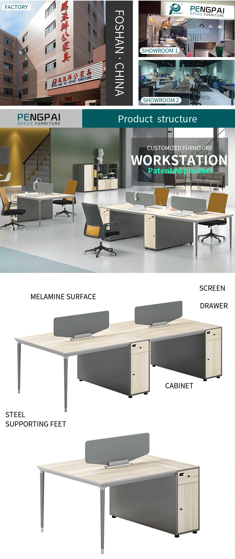 Pengpai Modern Modular Open Space Office Desk 4 Seat Office Cubicle Workstation