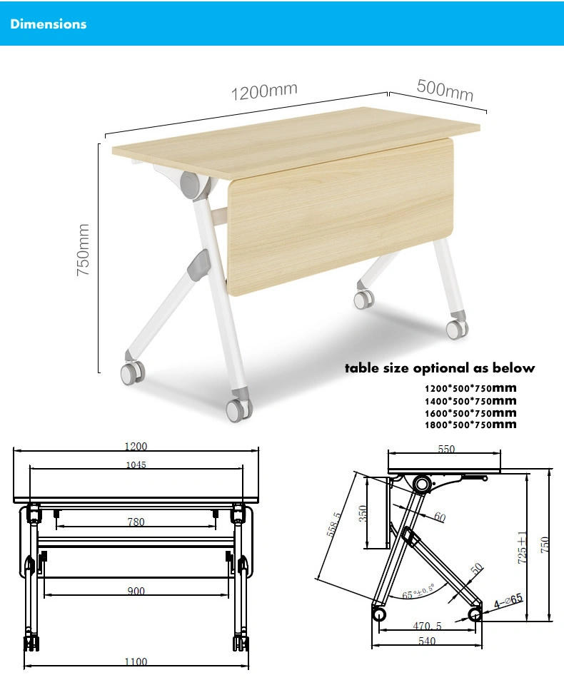 Simple Office Metal Movable Fold Away Lecture Folding Collapsible Flip up Top Training Room School College Study Table with Castors